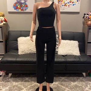 Two piece black one shoulder ruched flare pant set